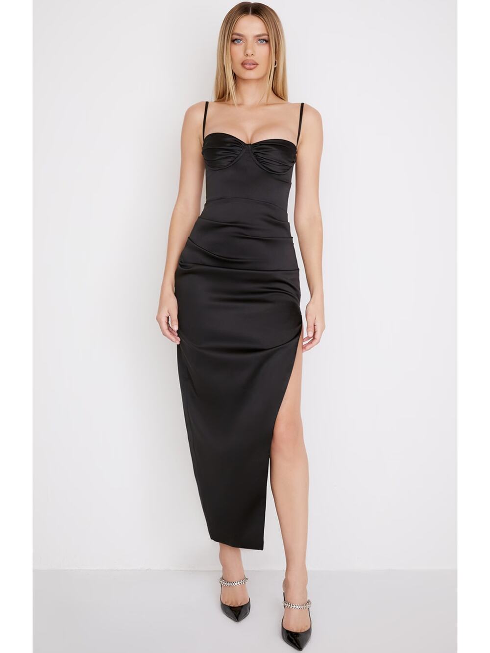 House of CB Black Flora Satin Pleated Corset Midi Slit Dress Size Large